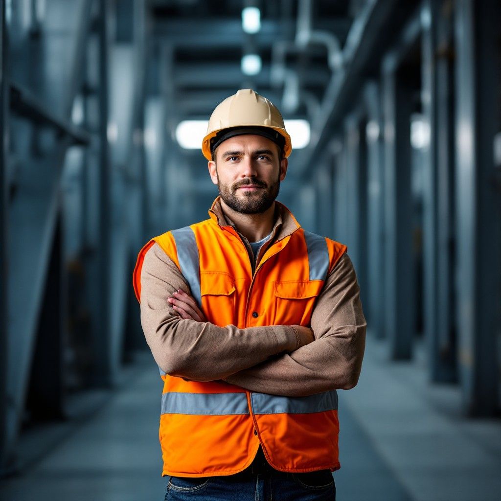 Profissional da ACS Logística com colete laranja em ambiente industrial